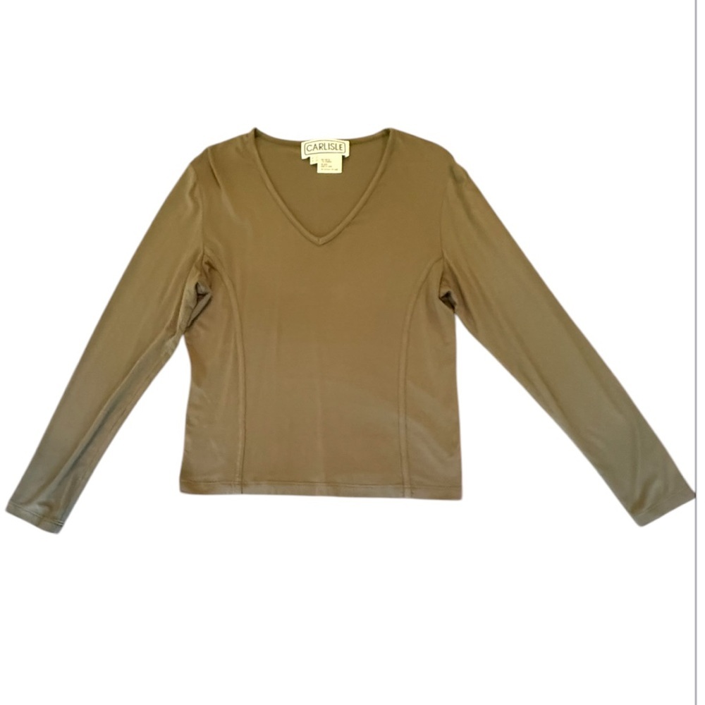 Carlisle Women's Tan/Green Long Sleeve V-neck Top Size Large MSRP $228